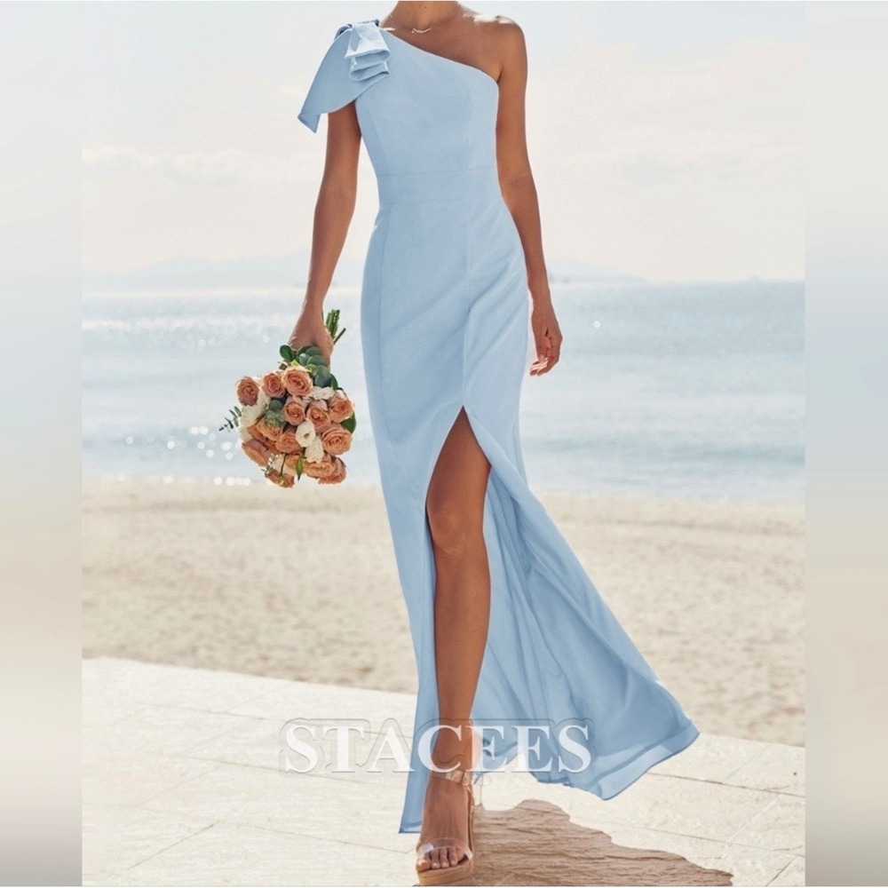 Stacees Stretch Crepe Floor Length One Shoulder‎ Gown Dress Bow Blue Size 4 NWT